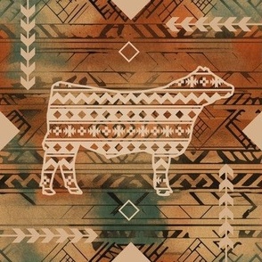Show Steer - Rural Farmhouse - Southwestern Native American Pattern - Earth Tones, Browns, Tan