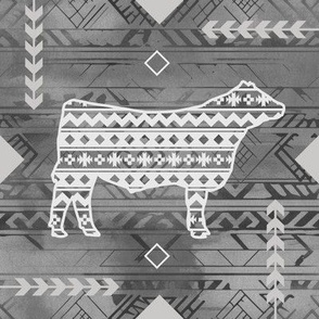Show Steer - Farmhouse - Southwestern Native American Pattern - Dar Gray, Medium Gray, Light Gray