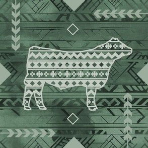 Show Steer - Rural Farmhouse - Southwestern Native American Pattern - Sage Green