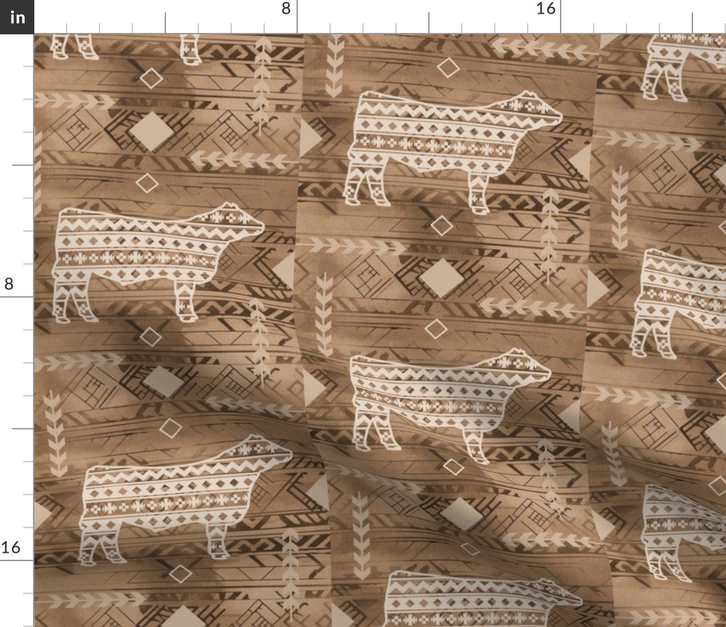 Show Steer - Rural Farmhouse - Southwestern Native American Pattern - Browns and Tan