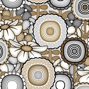 MCM Flower Garden Bedding // Neutrals - Retro Scandinavian Floral // Coffee, Khaki Tan, Brown, Gray, Black and White // JUMBO Scale - 300 DPI Duvet Cover
