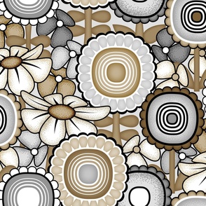 Mid Century Modern (MCM) Flower Garden Bedding // Neutrals - Retro Scandinavian Floral // Coffee, Khaki Tan, Brown, Gray, Black and White // JUMBO Scale - 300 DPI Duvet Cover