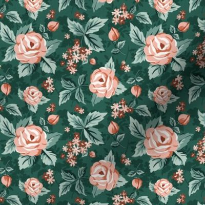 Romantic Roses - Vintage Floral Green Pink Small Scale