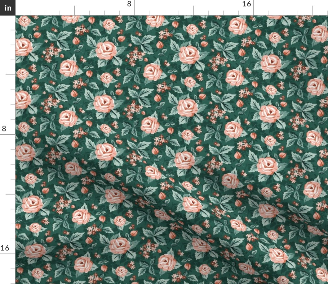 Romantic Roses - Vintage Floral Green Pink Small Scale