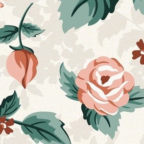 Romantic Roses - Vintage Floral Ivory Pink Green Large Scale