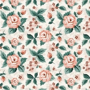 Romantic Roses - Vintage Floral Ivory Pink Green Small Scale