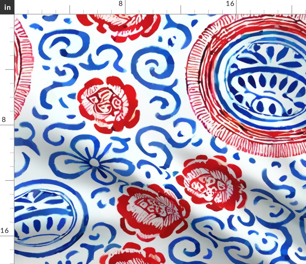 Blue, white and red circles and scrolls traditional pattern in watercolor