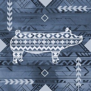 Show Pig - Rural Farmhouse - Southwestern Native American Pattern - Slat Bleu, Denim Blue