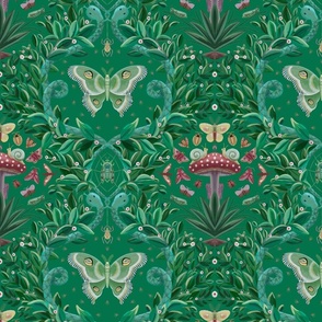 Quirky damask of sneaky snakes, Luna moths and insects - dark print - medium scale.