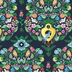 Playful print of birds and birdhouse in colorful flower garden - all over and maximalist - small .