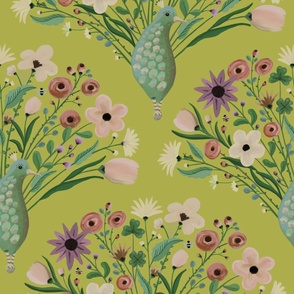 Maximalist pattern of colorful  woodland floral on peacock tails - graphical and quirky - large size  print.