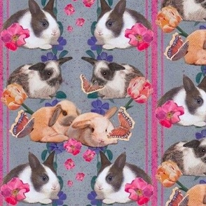6x6-Inch Half-Drop  of Baby Bunnies with Butterflies, Bright Flowers, and Magenta Stripes