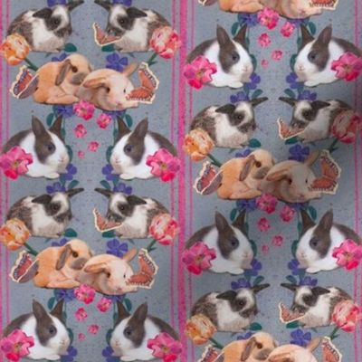 4x4-inch Baby Bunnies with Butterflies, Bright Flowers, and Magenta Stripes