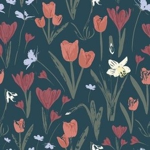 Navy and Red Spring Floral (6" Fabric / 4.5" Wallpaper)