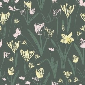 Dark Green Spring Flowers (6" Fabric / 4.5" Wallpaper)
