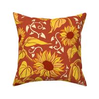 Gold sunflowers on orange red with vines