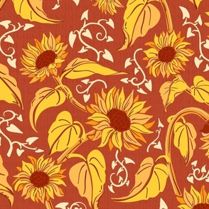 Gold sunflowers on orange red with vines