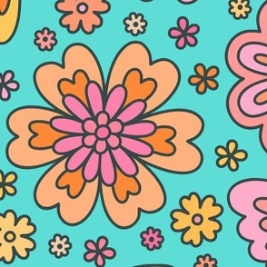 Butterfly Floral: Pink & Orange on Aqua (Large Scale)