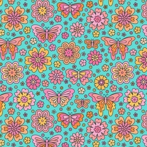 Butterfly Floral: Pink & Orange on Aqua (Small Scale)