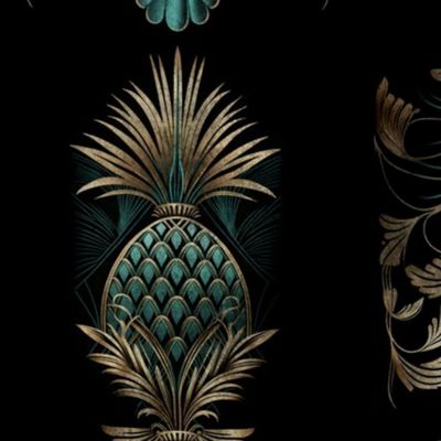 Faded Luxury Gold Teal Art Deco Pineapple Pattern Black Smaller Scale
