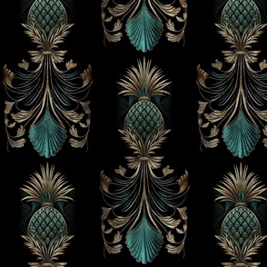 Faded Luxury Gold Teal Art Deco Pineapple Pattern Black Smaller Scale