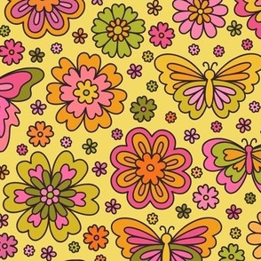 Butterfly Floral: Retro Pink & Green (Medium Scale)