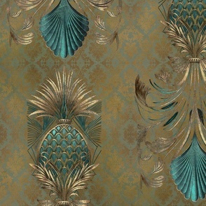 Faded Luxury Gold Teal Art Deco Pineapple Pattern Damask