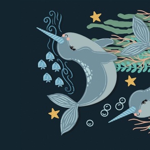 Narwhal Buddies Wall Hanging, Tea Towel, Narwhal and Seaweed, Under the Sea, Ocean Life, Fish and Narwhal, Gender Neutral, Nursery Decor, Kids Wallpaper, Kids Fabric, Nursery Wallpaper