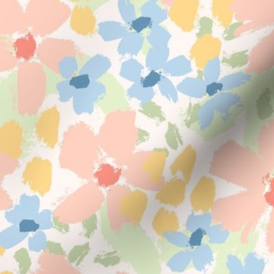 Inky Floral: Peach Blue Yellow Green (Large Scale)