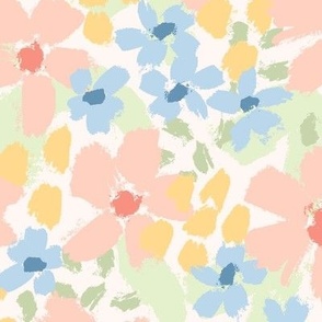 Inky Floral: Peach Blue Yellow Green (Large Scale)