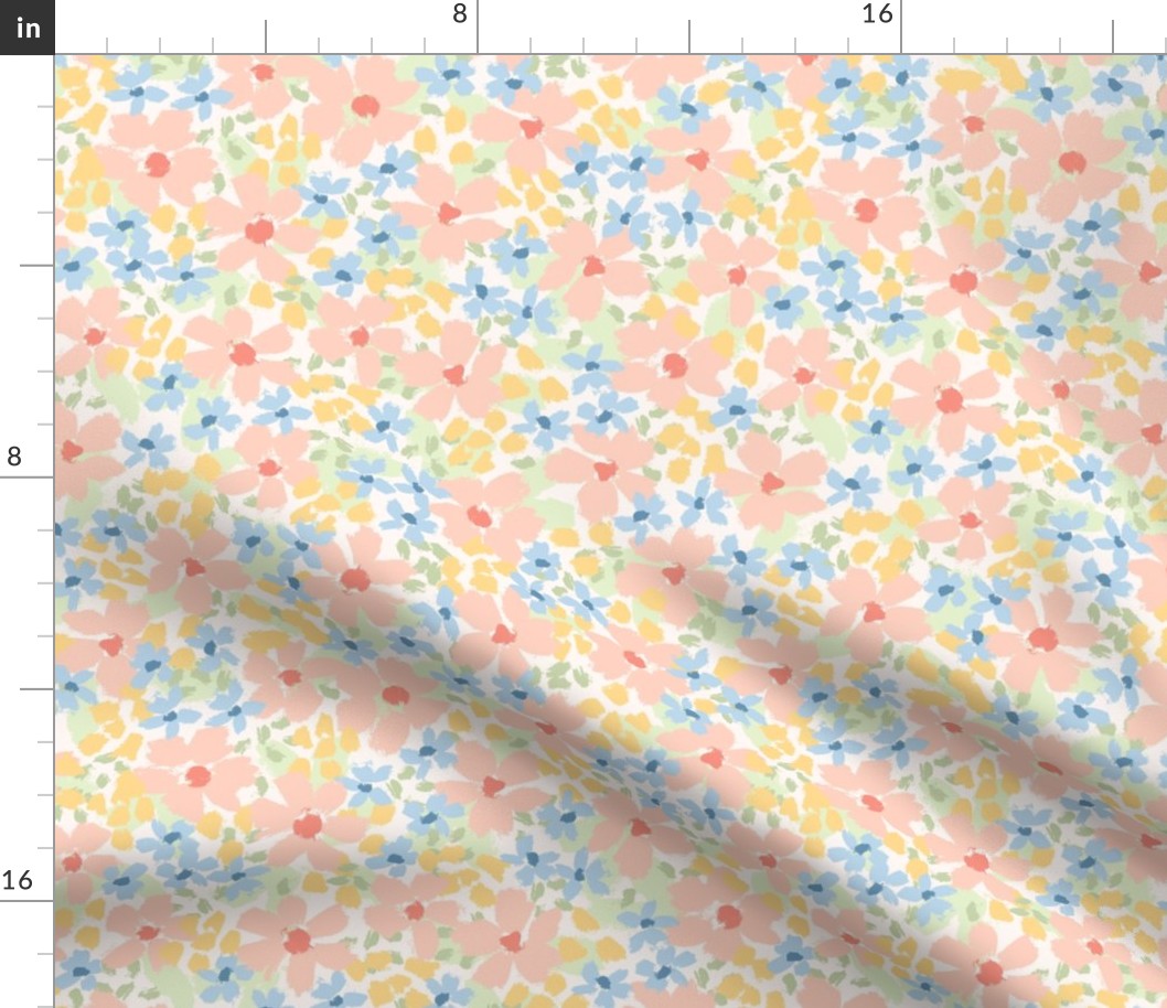 Inky Floral: Peach Blue Yellow Green (Medium Scale)