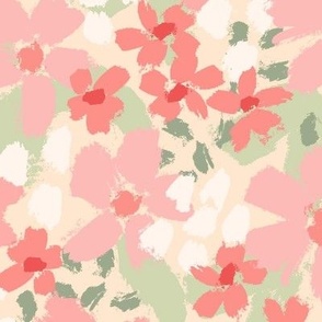 Inky Floral: Pink Coral Green Beige (Large Scale)