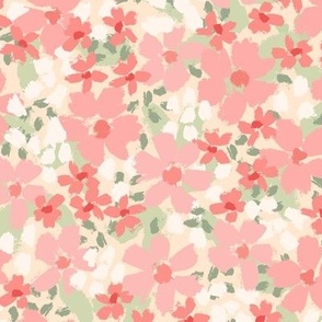 Inky Floral: Pink Coral Green Beige (Medium Scale)