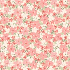 Inky Floral: Pink Coral Green Beige (Small Scale)