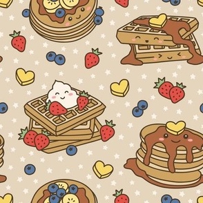 Kawaii Pancake & Waffles on Beige with Stars (Medium Scale)