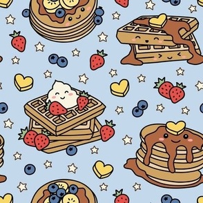 Kawaii Pancake & Waffles on Blue with Stars (Medium Scale)