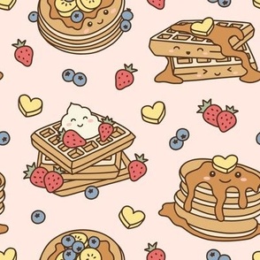 Kawaii Pancake & Waffles: Muted on Pink (Medium Scale)