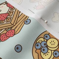 Kawaii Pancake & Waffles: Muted on Teal (Medium Scale)