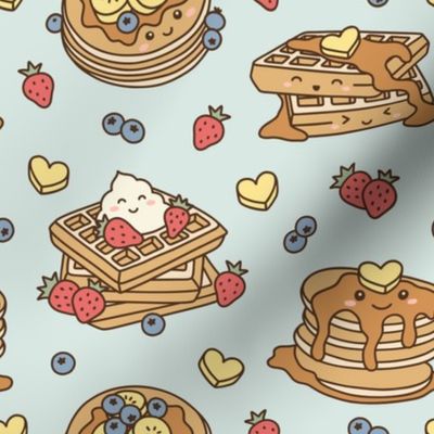 Kawaii Pancake & Waffles: Muted on Teal (Medium Scale)