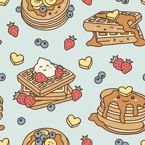 Kawaii Pancake & Waffles: Muted on Teal (Medium Scale)