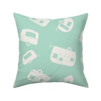 Retro Campers Summer Vacation at the Beach in seafoam green