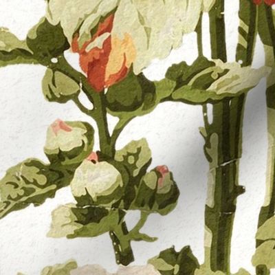 Holly Hock Antique Grunge Textured Historical Large floral on white Wallpaper and Home decor