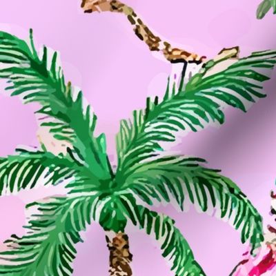 Palm trees, birds and chinoiserie jars on pink