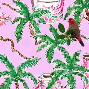 Palm trees, birds and chinoiserie jars on pink