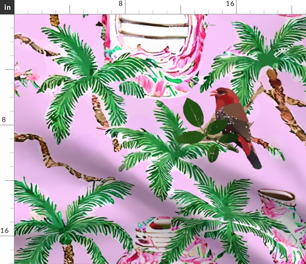 Palm trees, birds and chinoiserie jars on pink