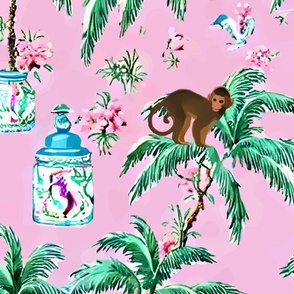 Palm trees, monkey and chinoiserie jars on pink