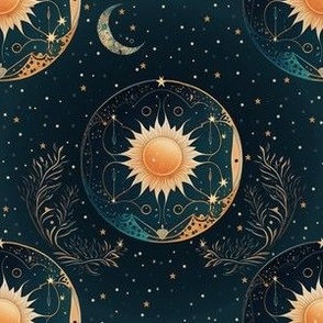 Large Scale, Dark Blue, Boho Sun Moon and Stars
