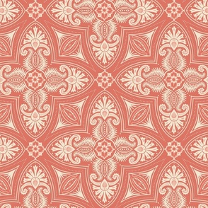 Spring Garden Quatrefoil with foliage - abstract ethnic geometric mandala, classic, grand millennial - cream  and peach on coral - large