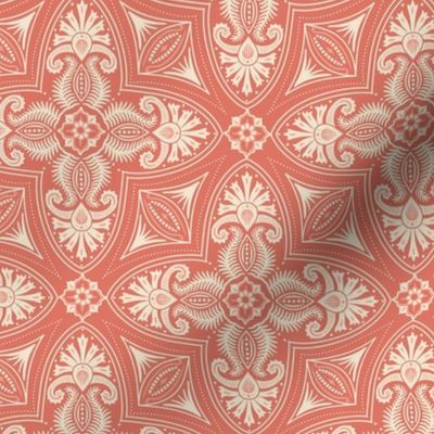 Spring Garden Quatrefoil with foliage - abstract ethnic geometric mandala, classic, grand millennial - cream  and peach on coral - small