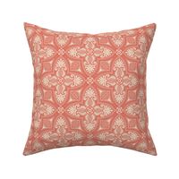 Spring Garden Quatrefoil with foliage - abstract ethnic geometric mandala, classic, grand millennial - cream  and peach on coral - small